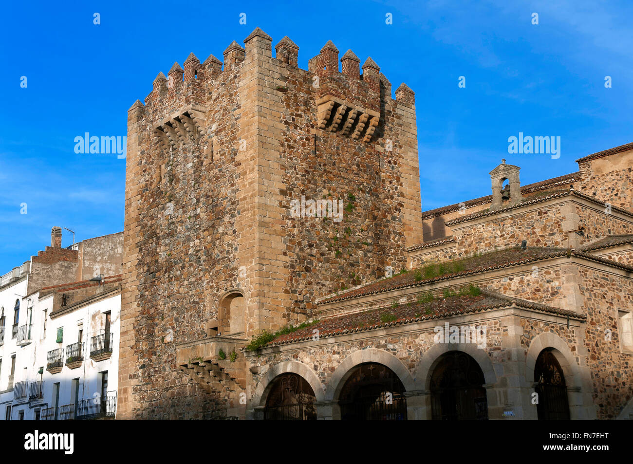 Bujaco tower -12th century and Hermitage of the Peace -18th century, Caceres, Region of Extremadura, Spain, Europe Stock Photo