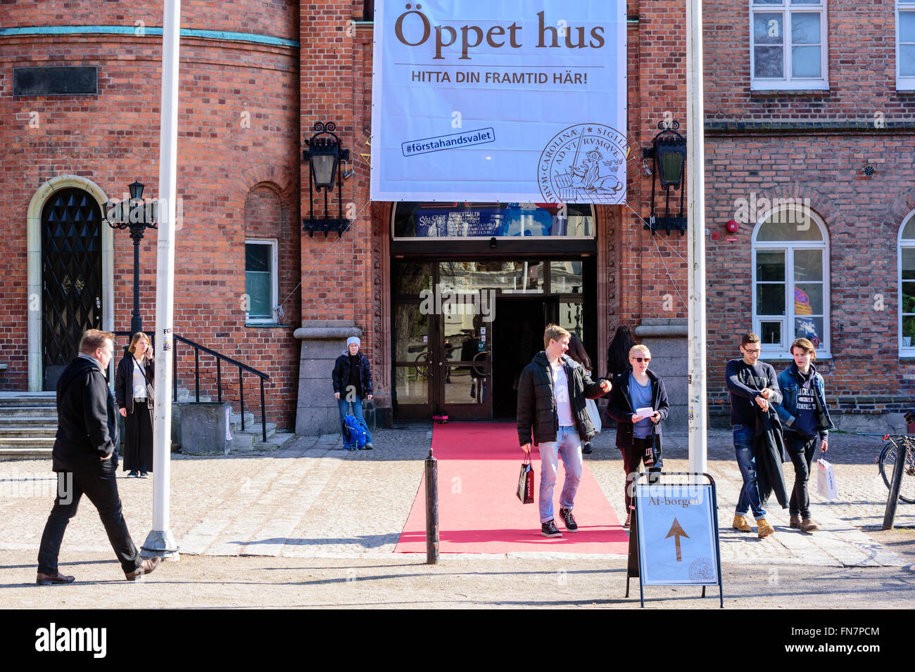 Lund, Sweden - March 12, 2016: The university has an open house to attract new students. Here is the entrance to the Af-borgen w Stock Photo