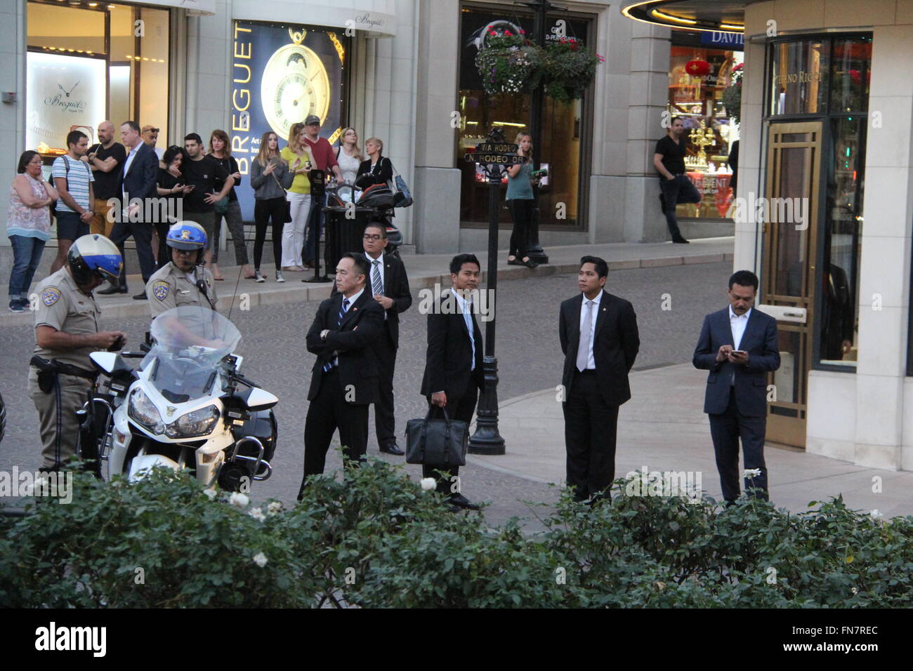 Malaysian Prime Minister Najib Razak seen shopping on Rodeo Drive in Beverly Hills with his large entourage.  Featuring: Atmosphere Where: Beverly Hills, California, United States When: 11 Feb 2016 Stock Photo
