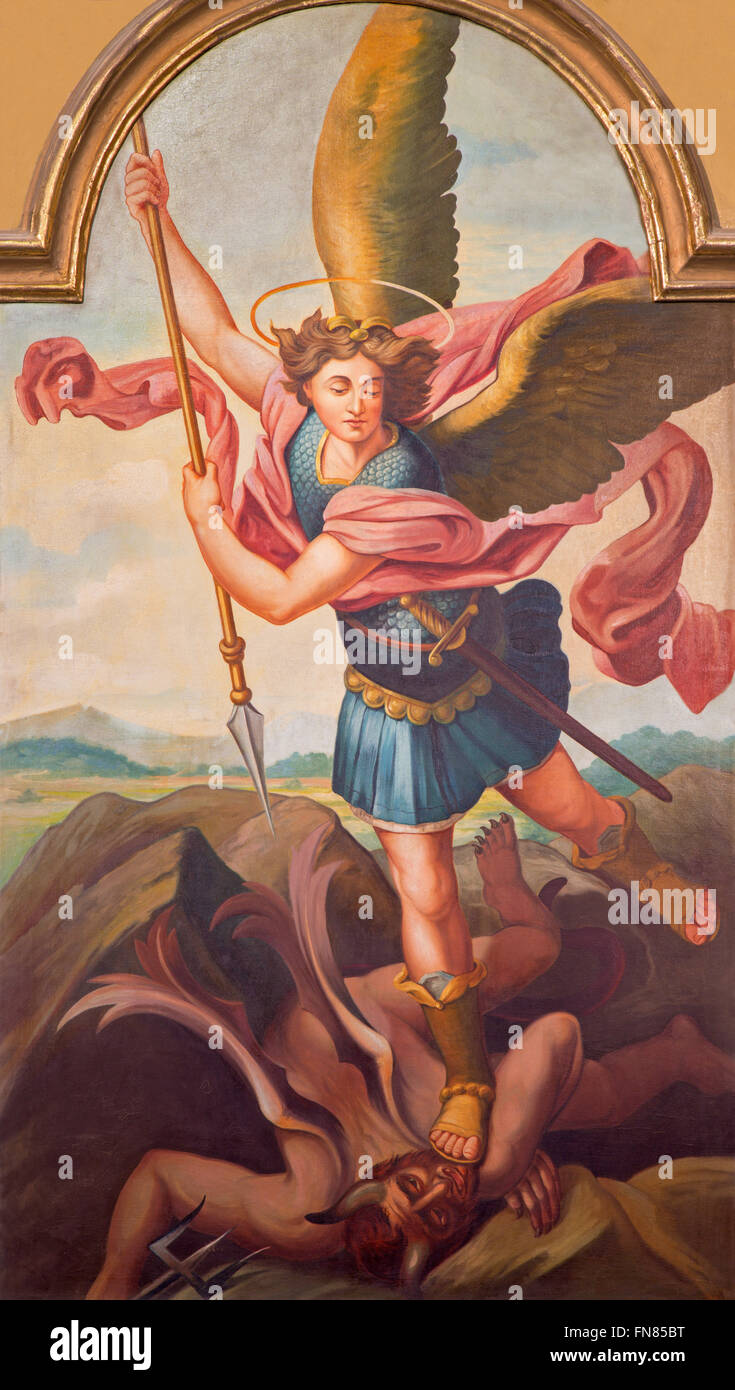 SEBECHLEBY, SLOVAKIA - FEBRUARY 27, 2016: The painting of archangel Michael from main altar of parisch church of St. Michael. Stock Photo