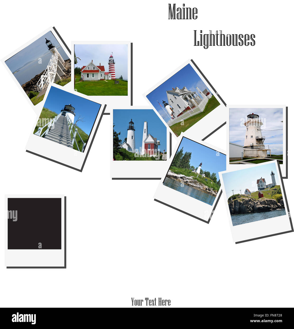 Instant Photo Collage of Some of the Maine Lighthouses Stock Photo