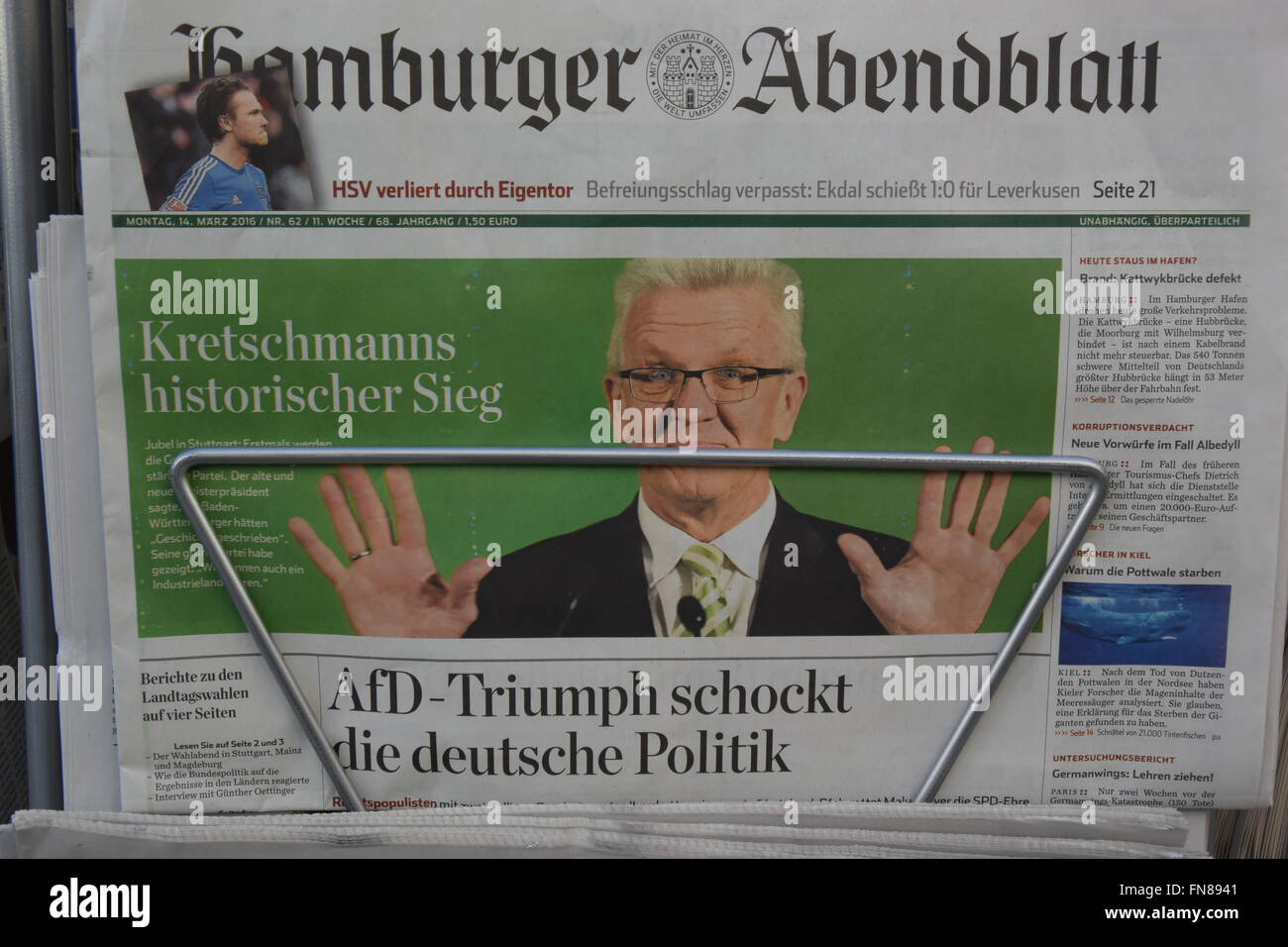 the German newspaper Hamburger Abendblatt with a headline to the election in Badenwürtemberg and the of the AfD Party Stock Photo