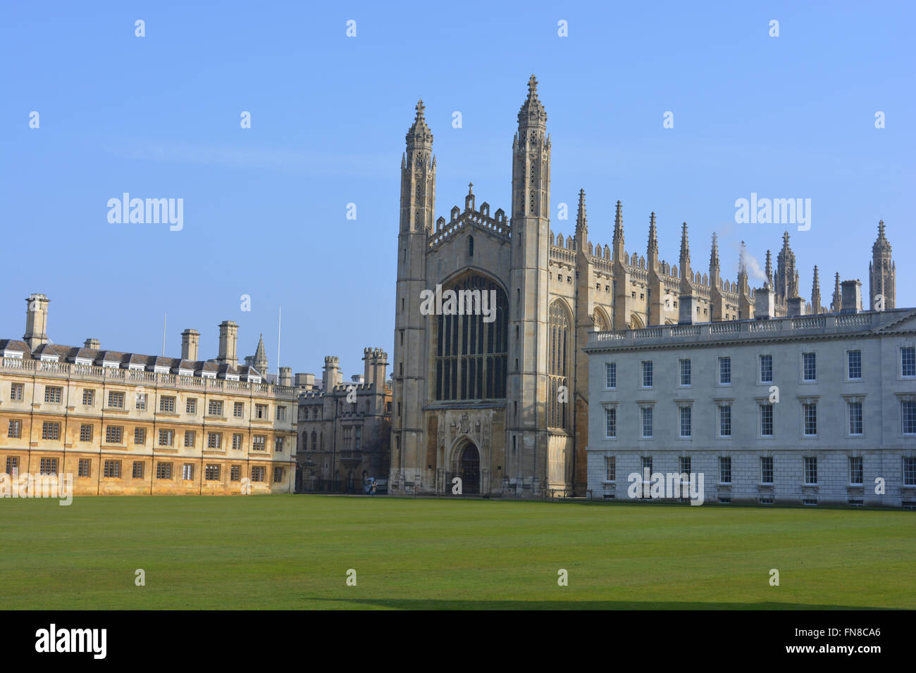 Clare College, King's College Chapel, Gibb's Building and The Back Lawn, King's College, University of Cambridge, England Stock Photo
