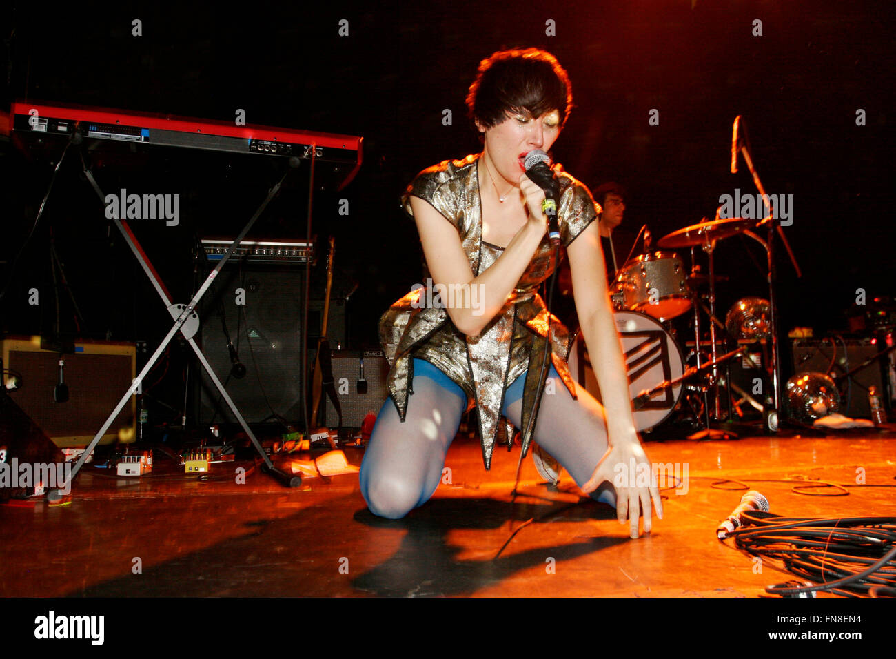 Karen O lead singer in the Yeah Yeah Yeahs performing at the Bowery ballroom, New York City, United States of America. Stock Photo