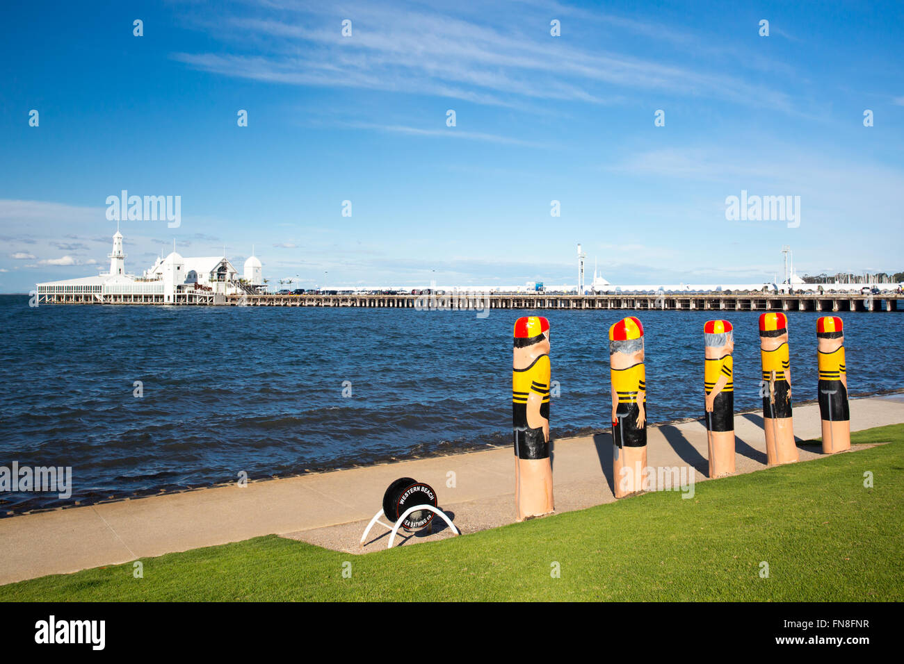The Geelong waterfront and the Western Beach Sea Bathing Company swimmers in Victoria, Australia