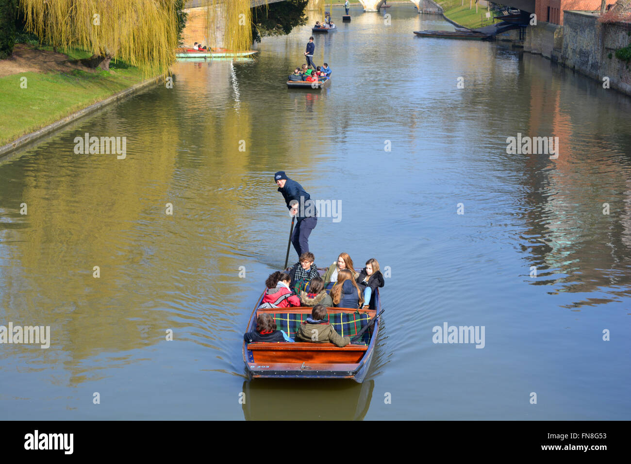 Punting on the River Cam, looking towards Trinity Hall College from Clare Bridge,  University of Cambridge, UK Stock Photo