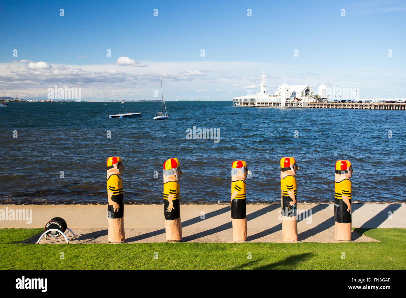 The Geelong waterfront and the Western Beach Sea Bathing Company swimmers in Victoria, Australia