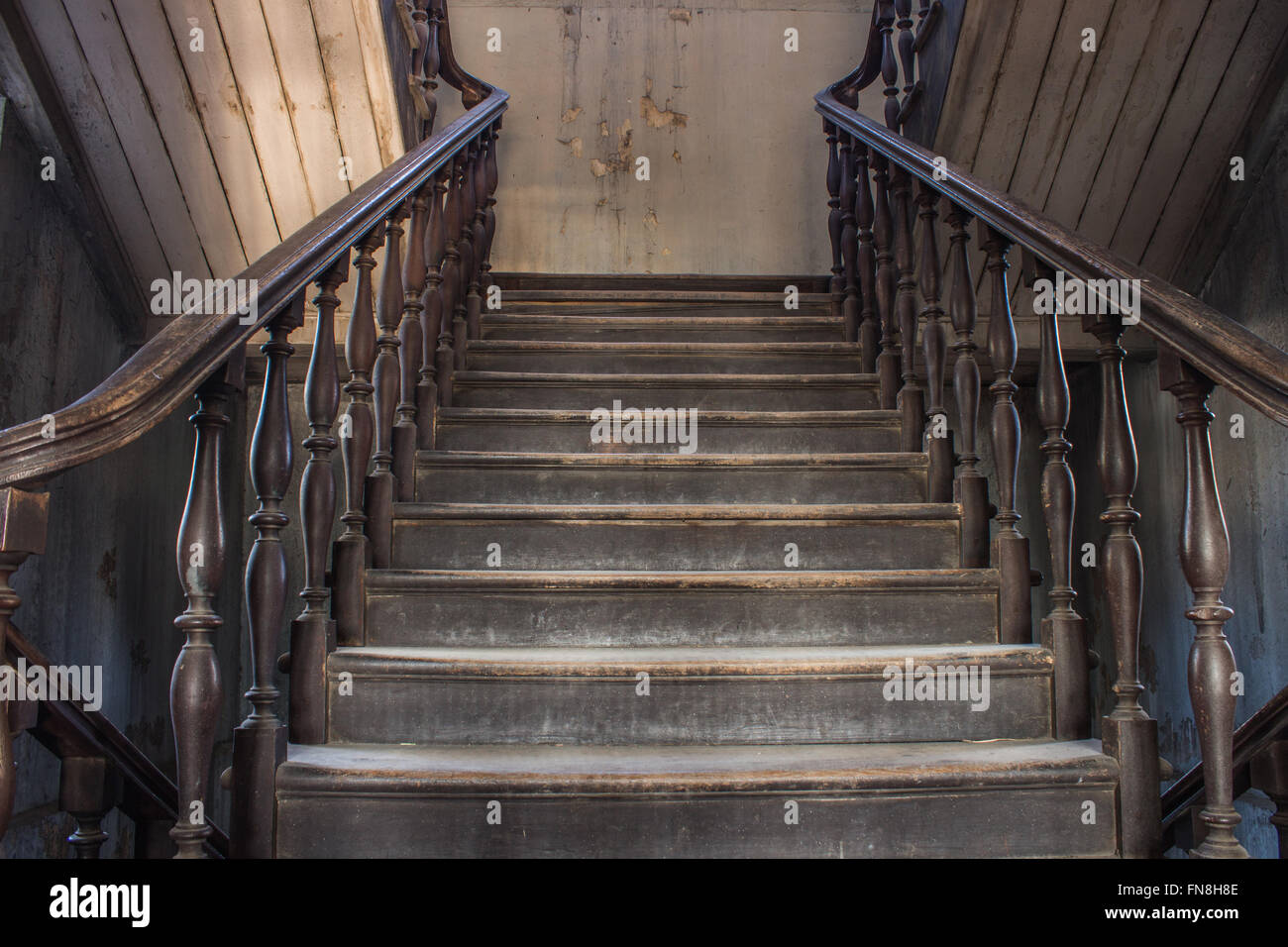 old wooden staircase railing. handrails, balusters and stair old wooden