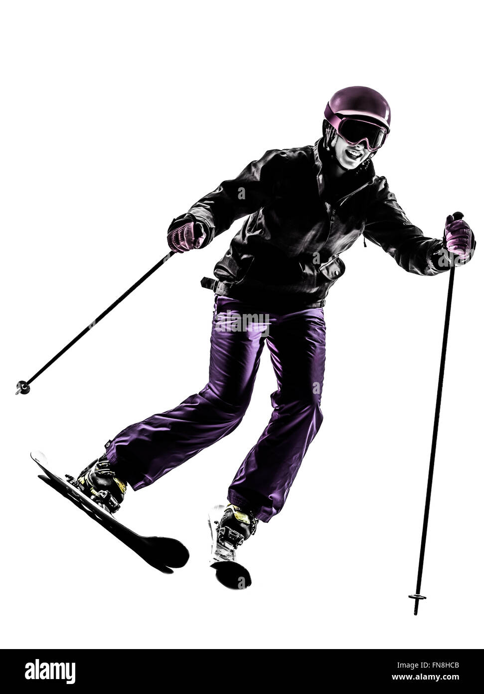 one woman skier skiing in silhouette on white background Stock Photo