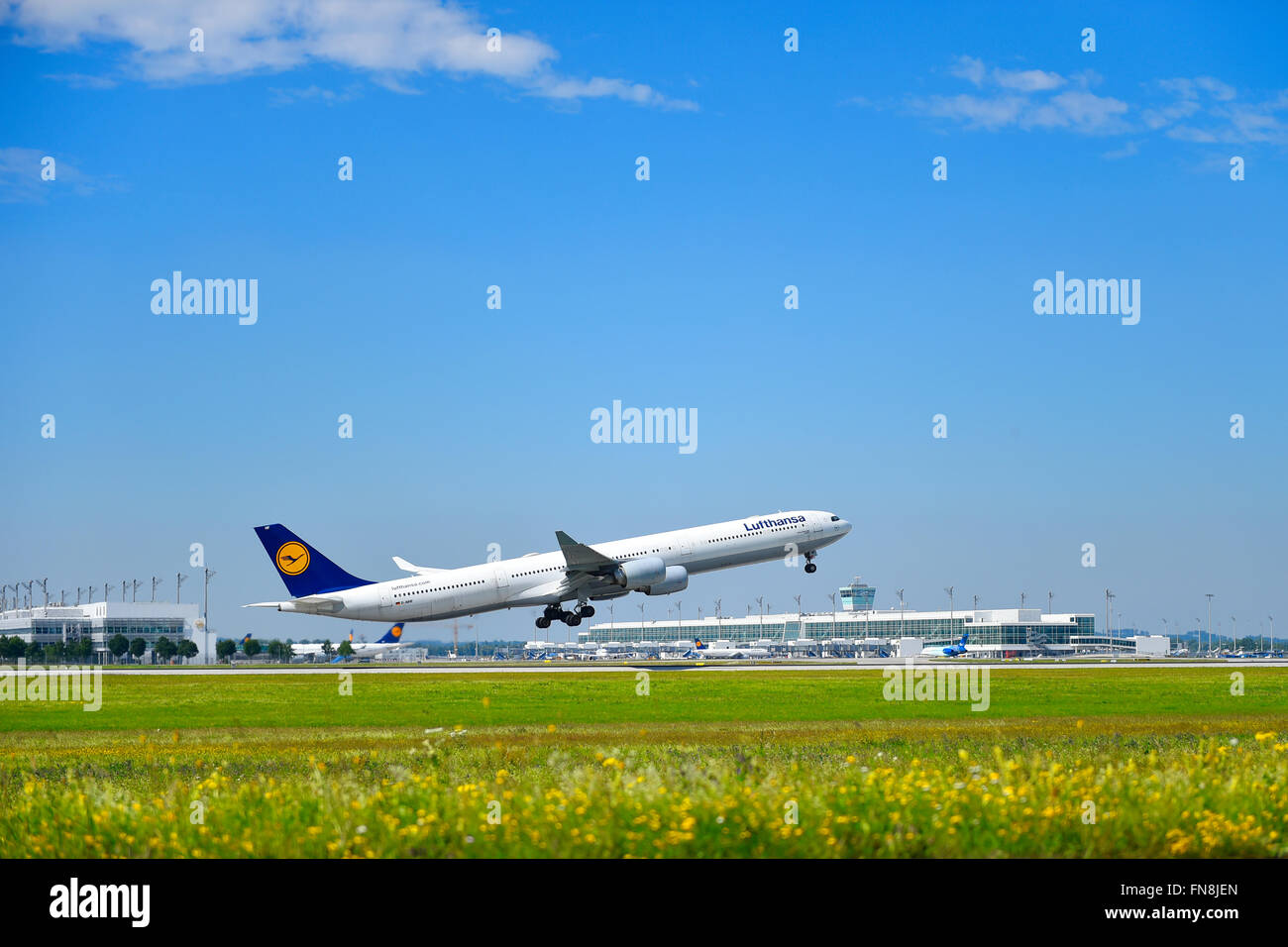 Lufthansa, LH, Airbus, A 340, 600, A340-600, take of, take off, aircraft, airport, overview, panorama, view, aircraft, airplane, Stock Photo