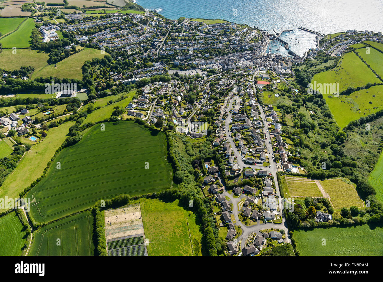 An aerial view of the village of Mevagissey and surrounding Cornish coastline Stock Photo