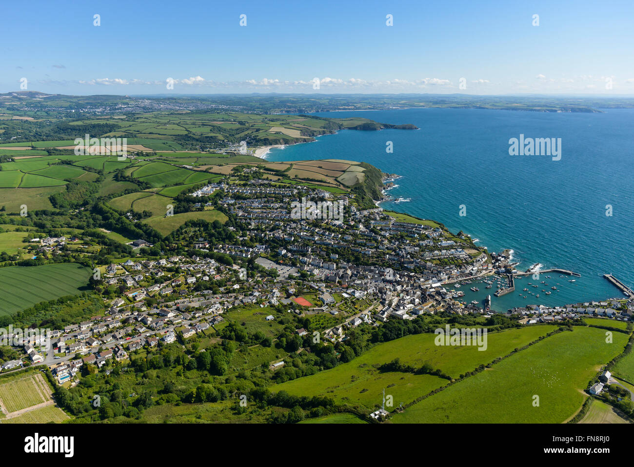 An aerial view of the village of Mevagissey and surrounding Cornish coastline Stock Photo