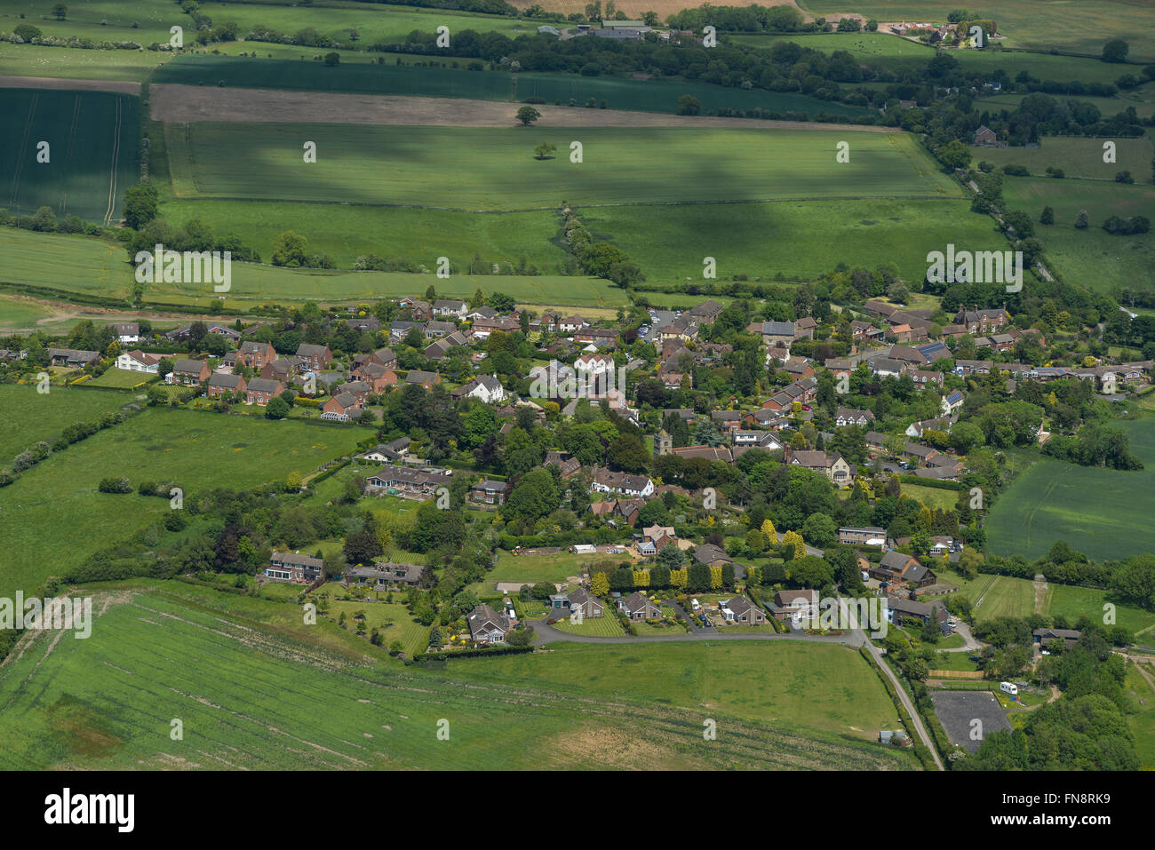 An aerial view of the village of Little Wenlock and surrounding Shropshire countryside Stock Photo