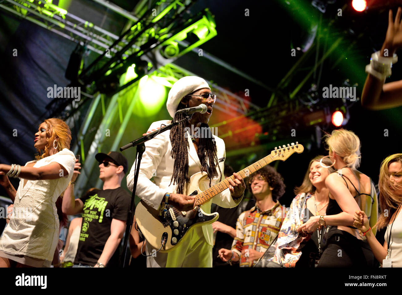 BARCELONA - JUN 14: Chic featuring Nile Rodgers (band) performs at Sonar Festival on June 14, 2014 in Barcelona, Spain. Stock Photo