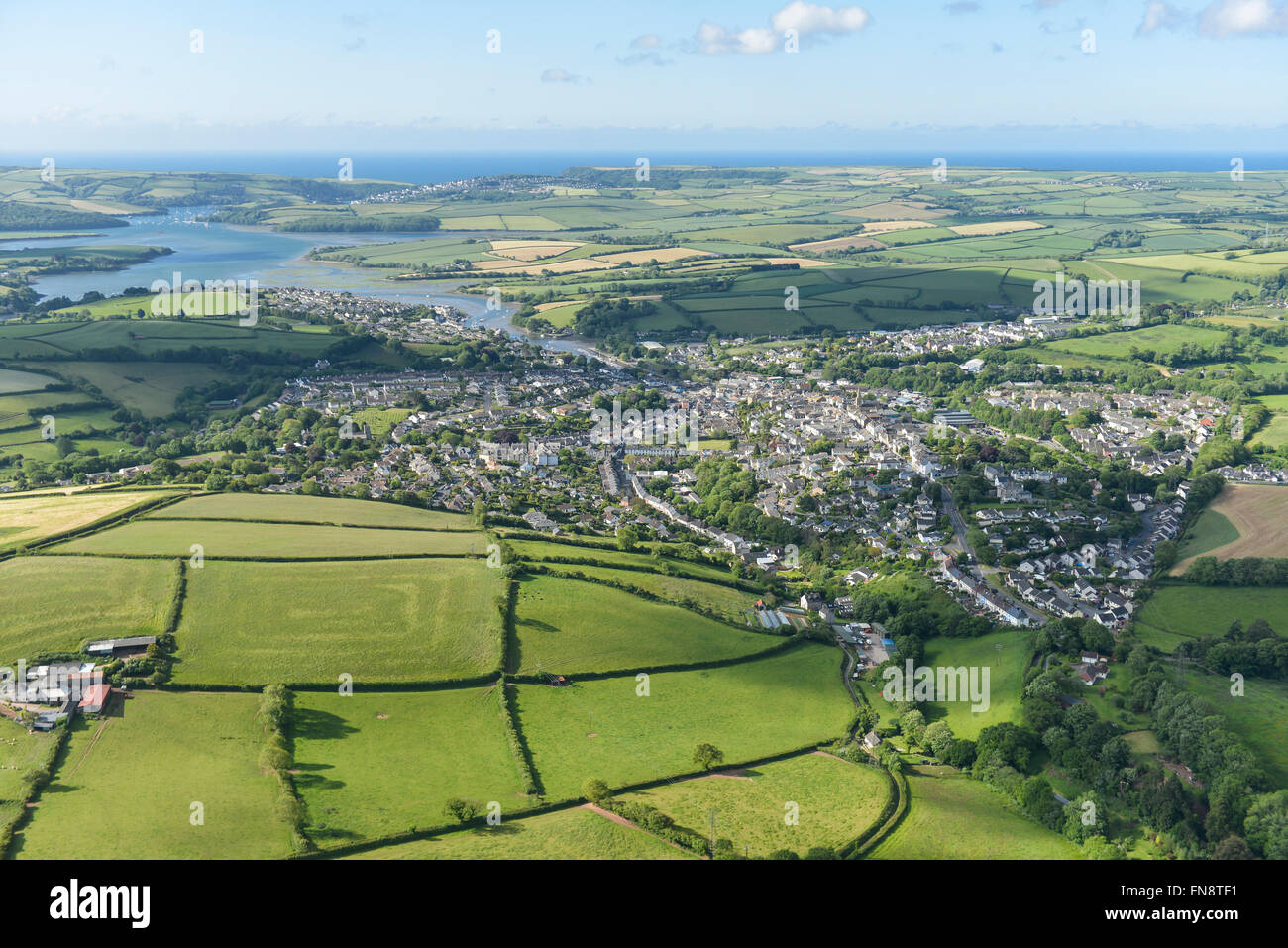 An aerial view of the Devon town of Kingsbridge with the estuary visible in the distance Stock Photo