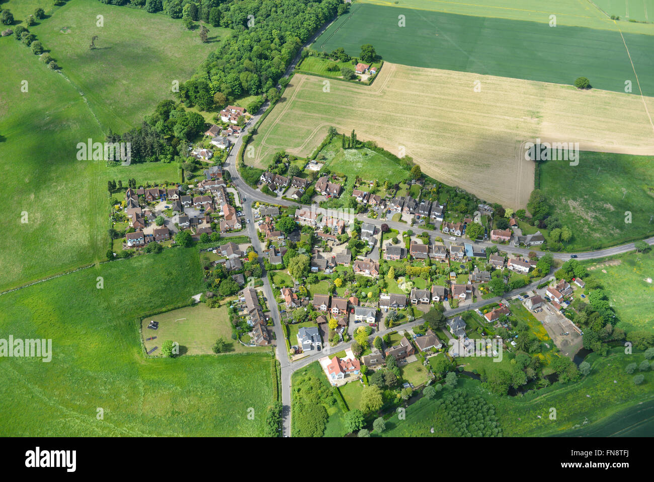 An aerial view of the village of Howe Street and surrounding Essex countryside Stock Photo