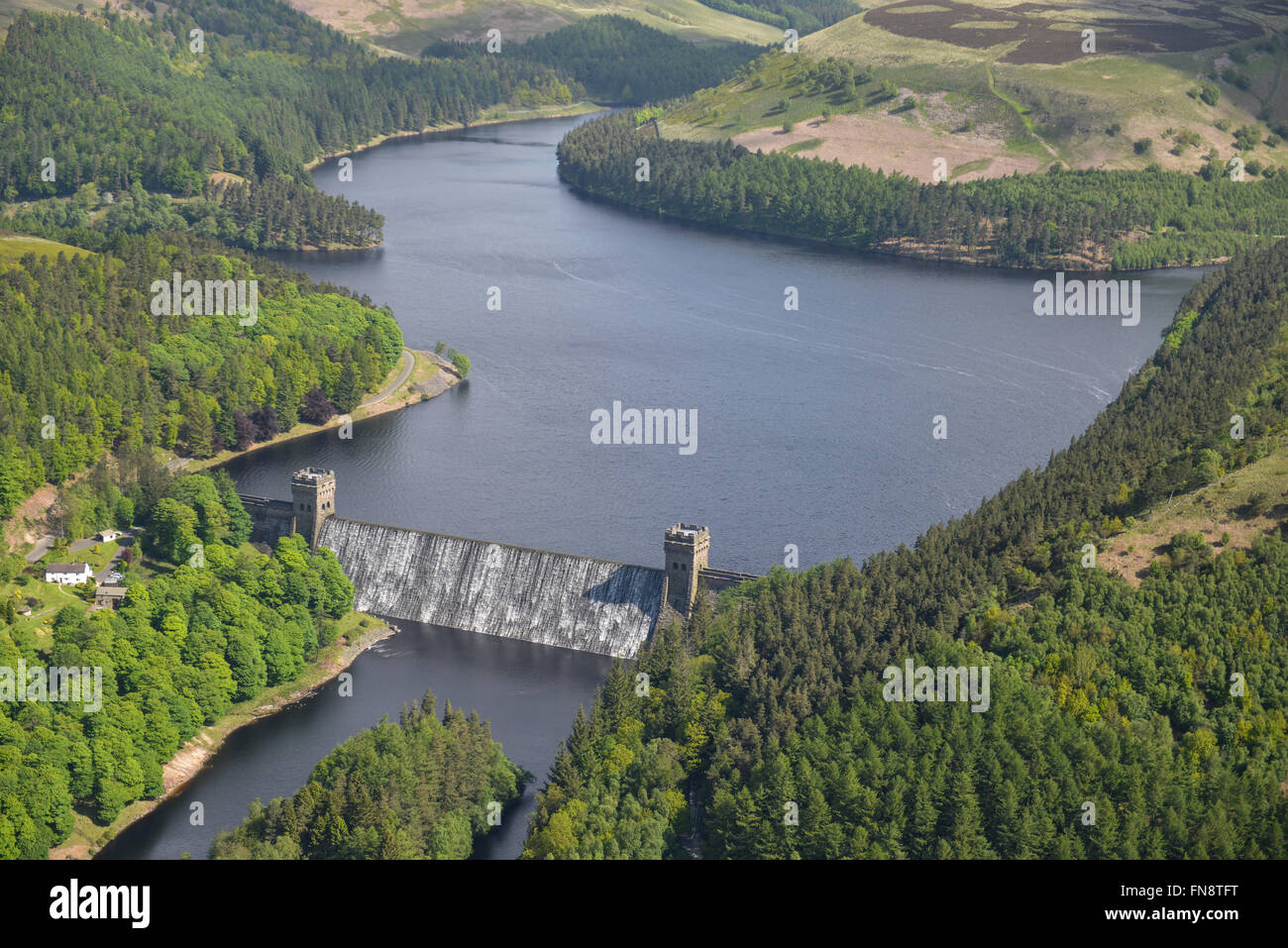 An aerial view of the Howden reservoir in the Derwent Valley, bordering Derbyshire and South Yorkshire Stock Photo
