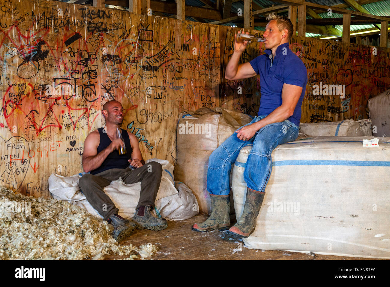 Two Sheep Farmers Relax In The Wool Shed After A Morning Spent Shearing