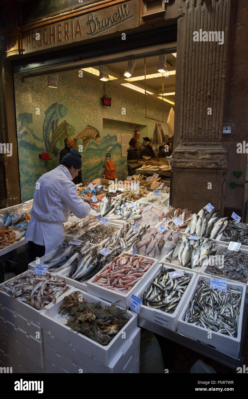 Fish shop Brunelli. Bologna old town, Emilia Romagna, Italy. Stock Photo