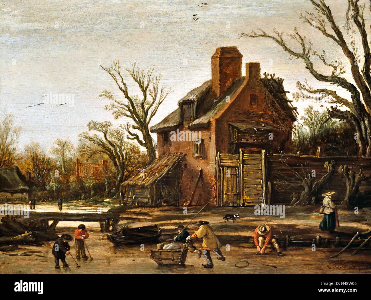 Esaias van de Velde, Winter Landscape with Farmhouse, 1624 Dutch Netherlands  One man is tying on his skates and another is pushing along a sledge, while two boys are playing ‘kolf’ – a game similar to today’s ice hockey ) Stock Photo