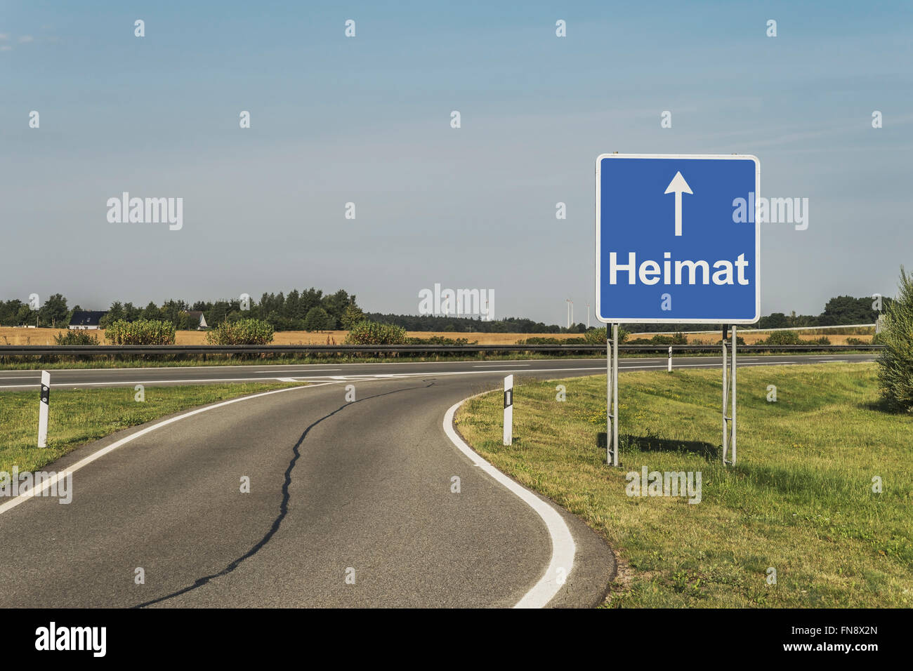 Road Sign Heimat (homeland) on the German Highway (Autobahn), Germany, Europe Stock Photo