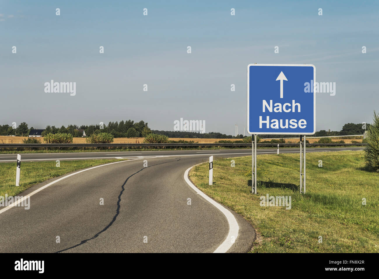 Road Sign with the German title Nach Hause (home) on the German Highway (Autobahn), Germany, Europe Stock Photo