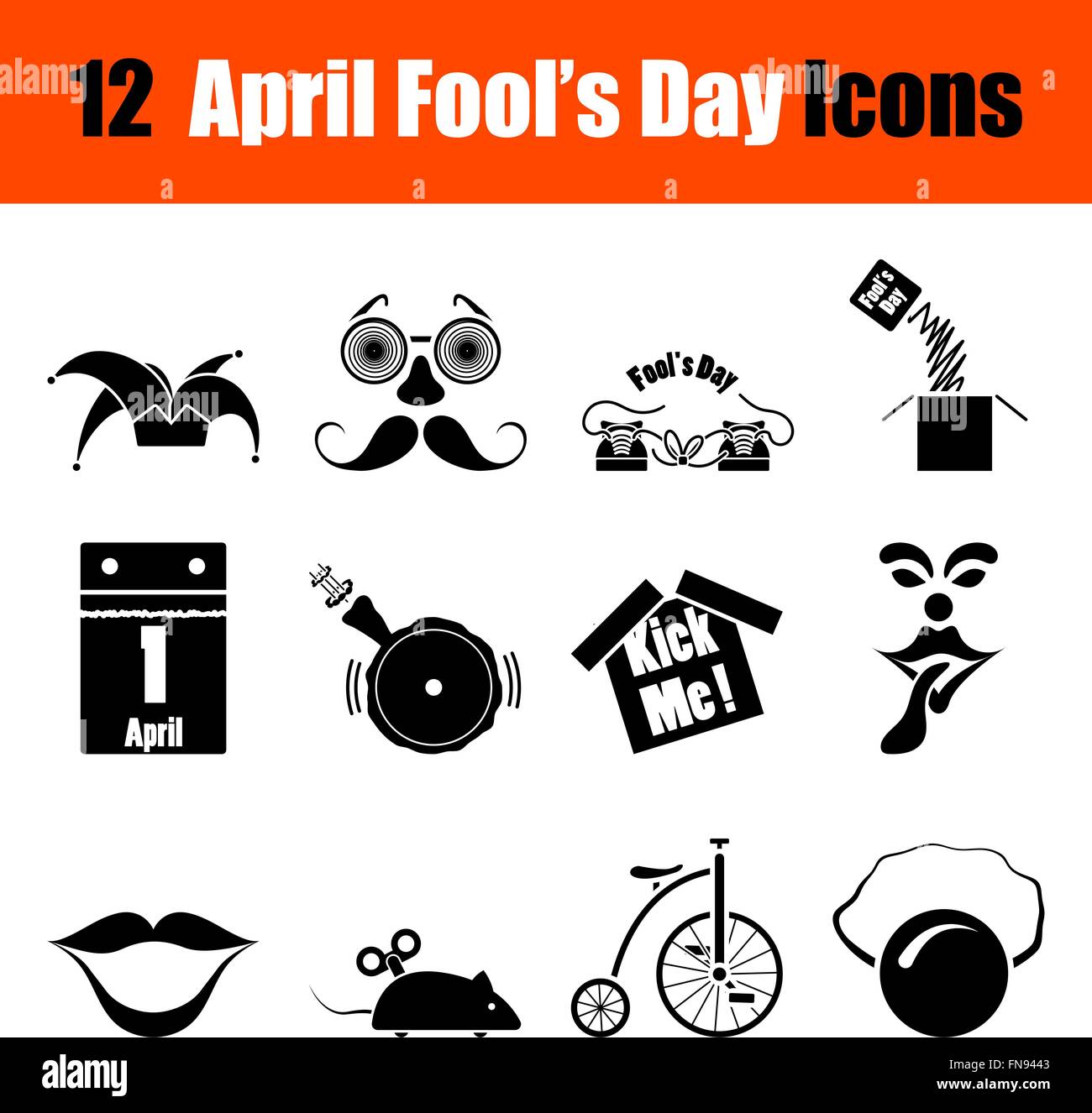 Set of twelve April Fool's day black icons. Vector illustration. Stock Vector
