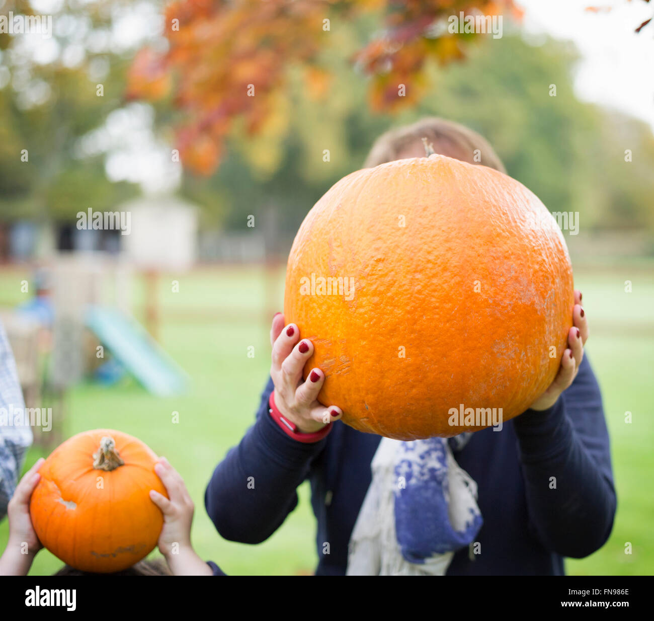 A woman and a child holding pumpkins in front of their faces. Stock Photo