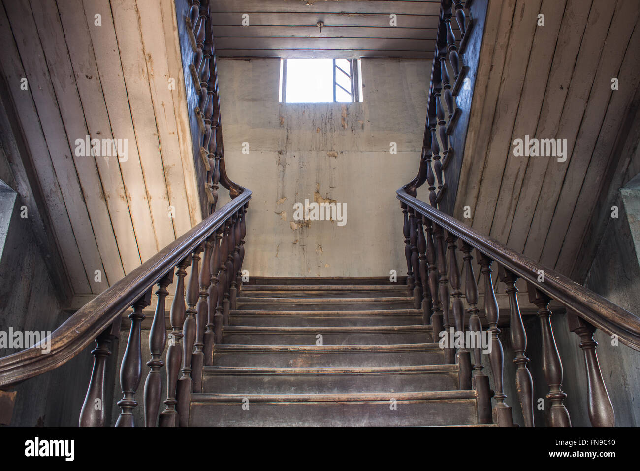 old wooden staircase railing. handrails, balusters and stair old wooden