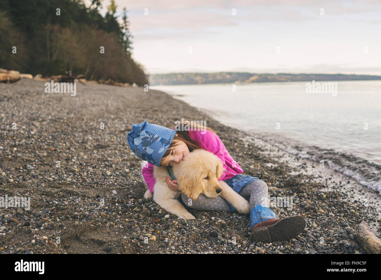 Young girl cuddling with golden retriever puppy on the beach Stock Photo
