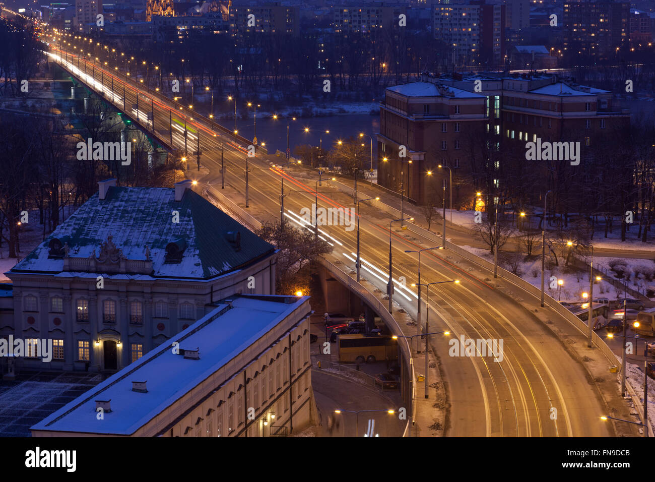 Movement of cars on the night street in Warsaw in the winter, the top view Stock Photo