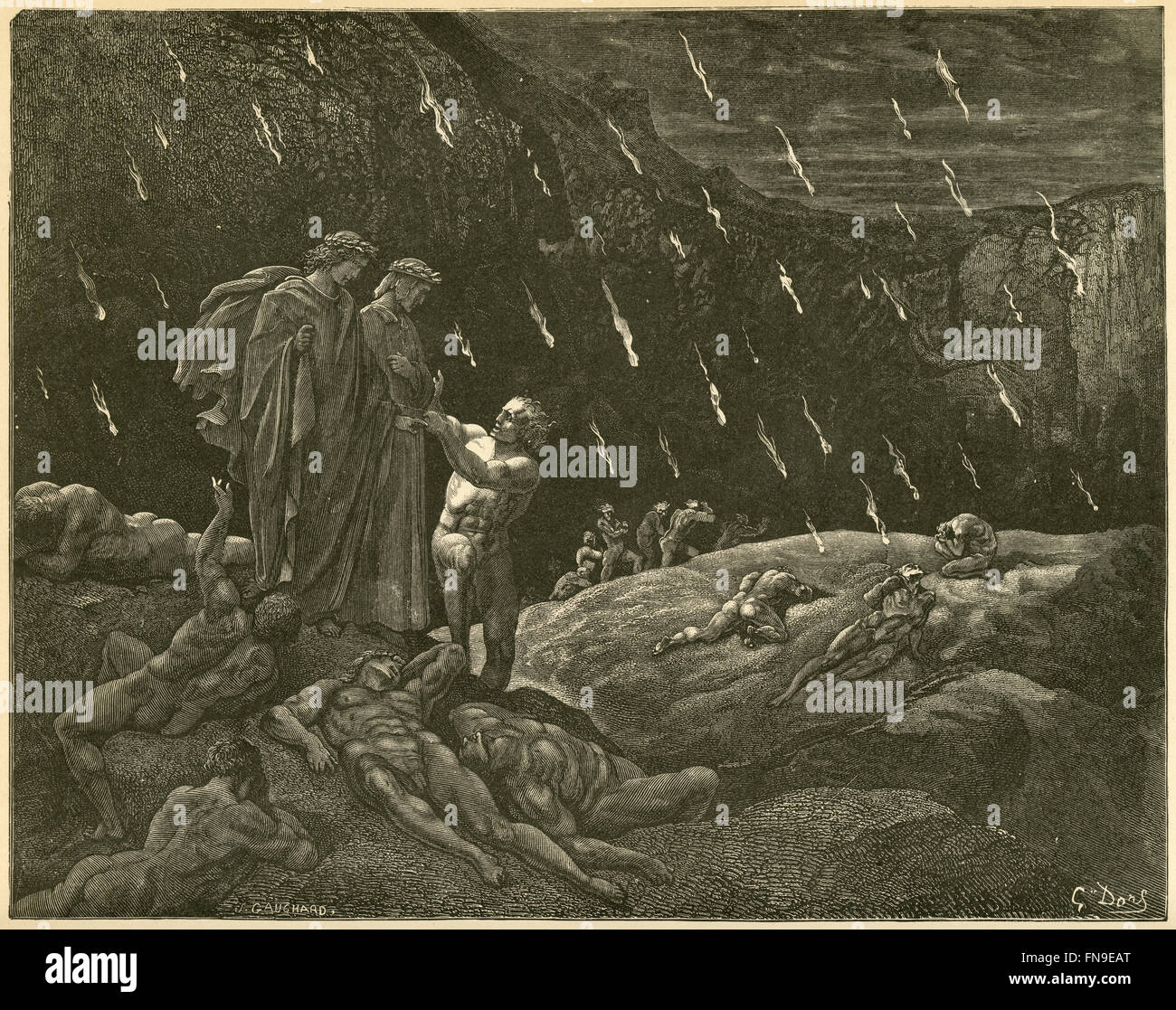Antique circa 1890 engraving, Dante's Inferno by Gustave Dore, Canto XV Lines 28-29, 'Ser Brunetto! And are ye here?' SOURCE: ORIGINAL ENGRAVING. Stock Photo