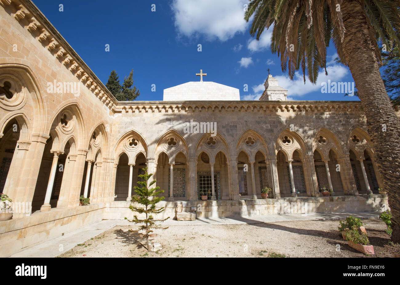 JERUSALEM, ISRAEL - MARCH 3, 2015: The gothic corridor of atrium in Church of the Pater Noster on Mount of Olives. Stock Photo