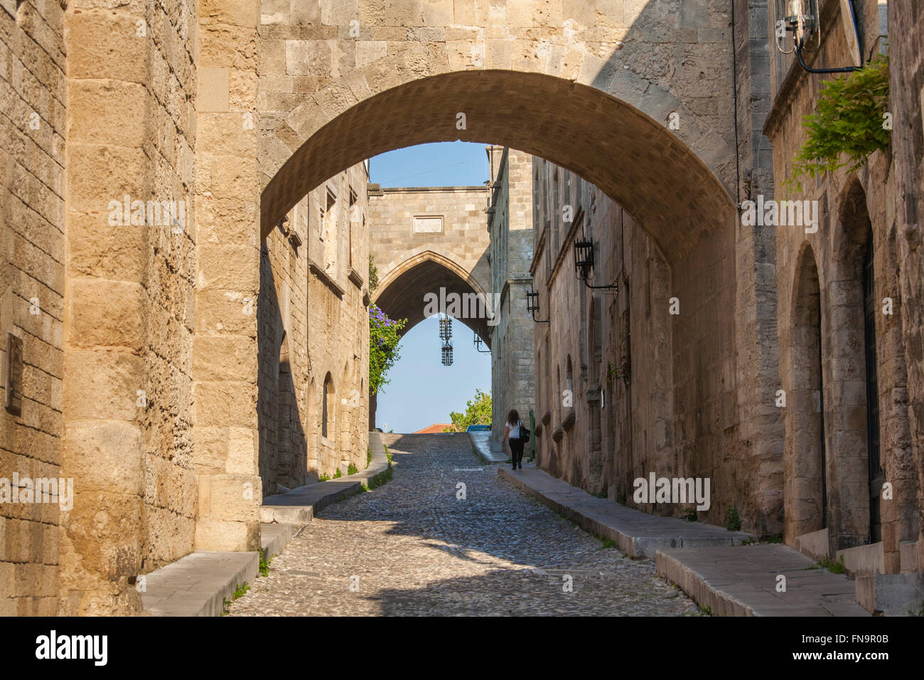 Rhodes Town, Rhodes, South Aegean, Greece. View up historic Odos Ippoton, early morning. Stock Photo