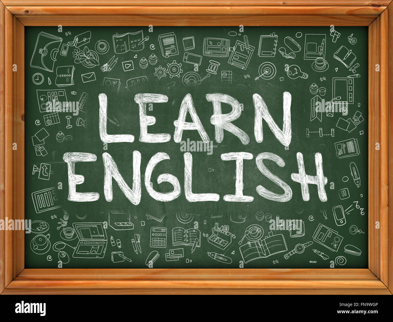 Learn English Concept. Green Chalkboard with Doodle Icons Stock Photo