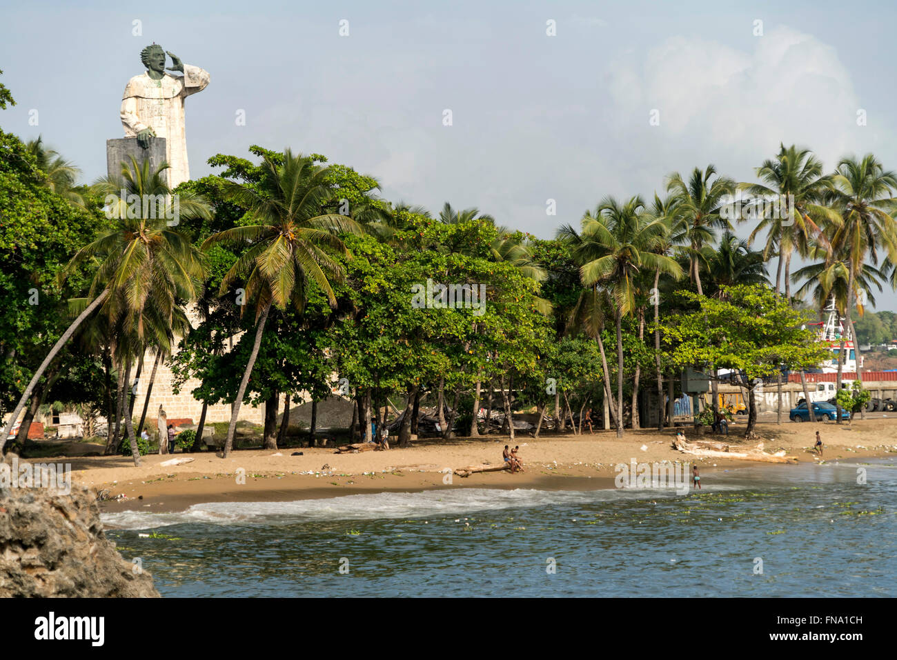 giant statue of Antonio de Montesinos and the city beach Playa  Montesinos, capital Santo Domingo,  Dominican Republic, Carribea Stock Photo