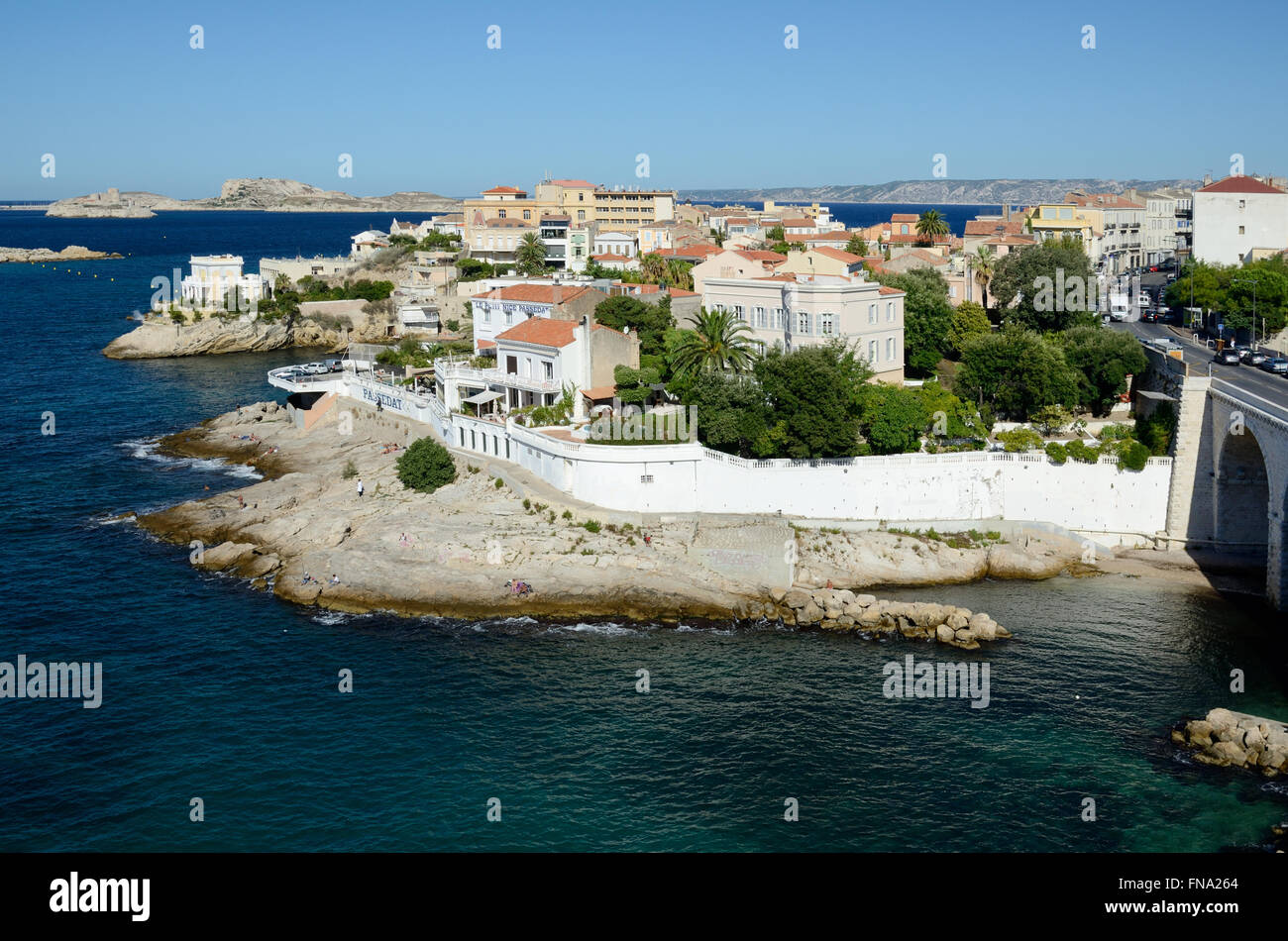 Sea View of Petit Nice Restaurant Anse de la Fausse Monnaie on the Corniche Road or Waterfront Marseille Provence France Stock Photo