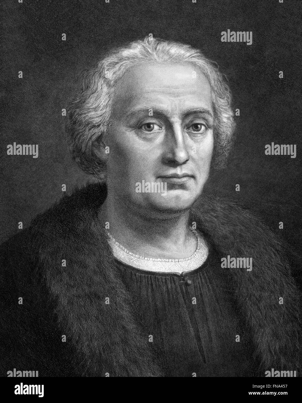 Christopher Columbus. Etching by F. Focillon after painting by Bartholomeo de Suardo, 1892 Stock Photo