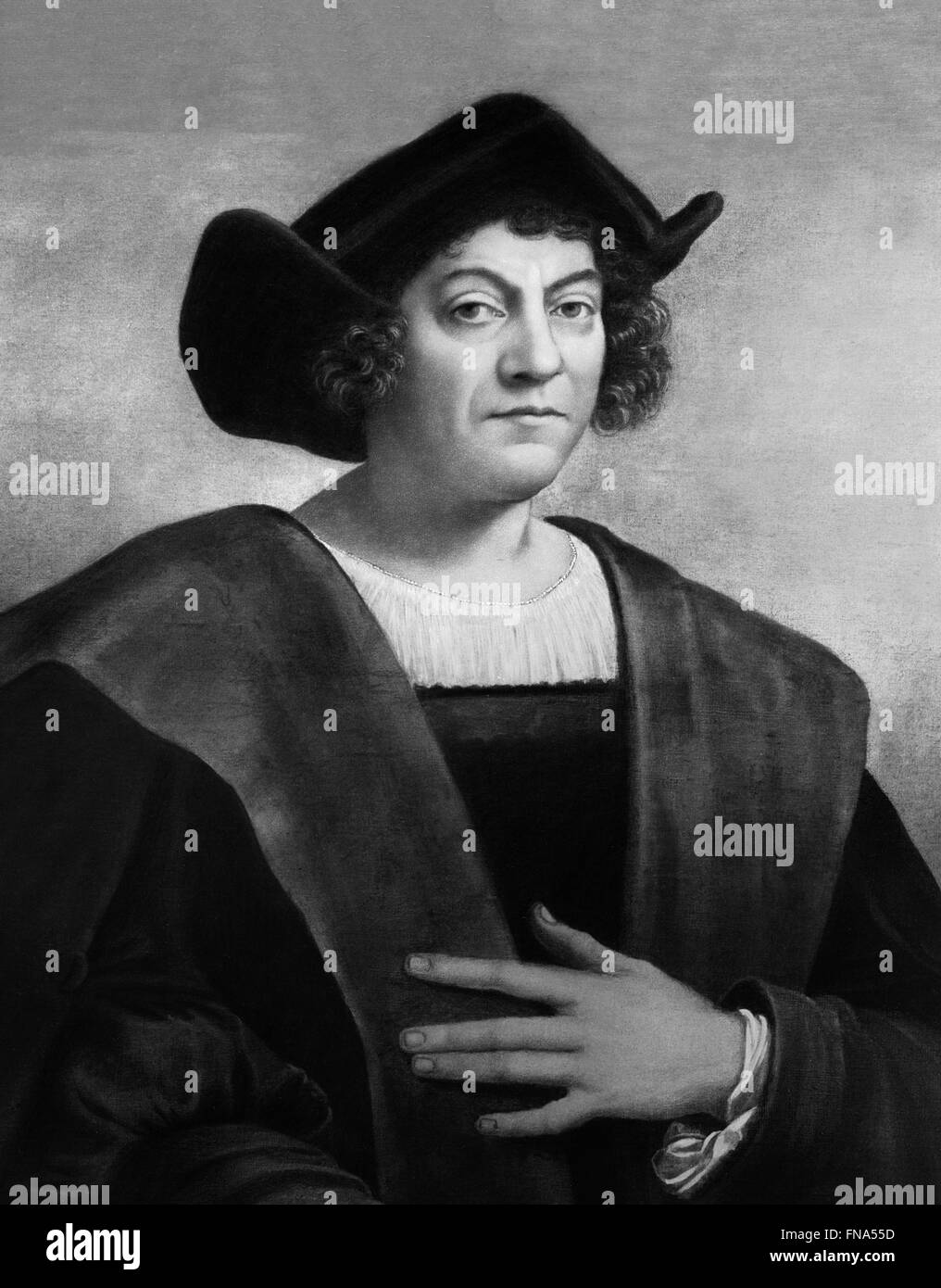 Christopher Columbus. A 1906 photograph of a portrait after a 1519 painting by Sebastiano del Piombo said to be of Christopher Columbus Stock Photo