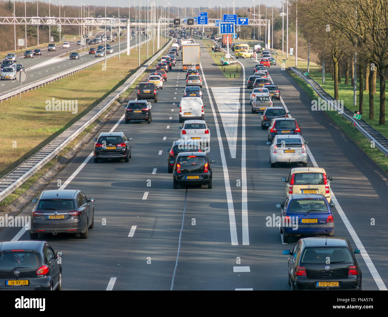 Traffic jam after accident during rush hour on motorway A1, Hilversum in the Netherlands Stock Photo