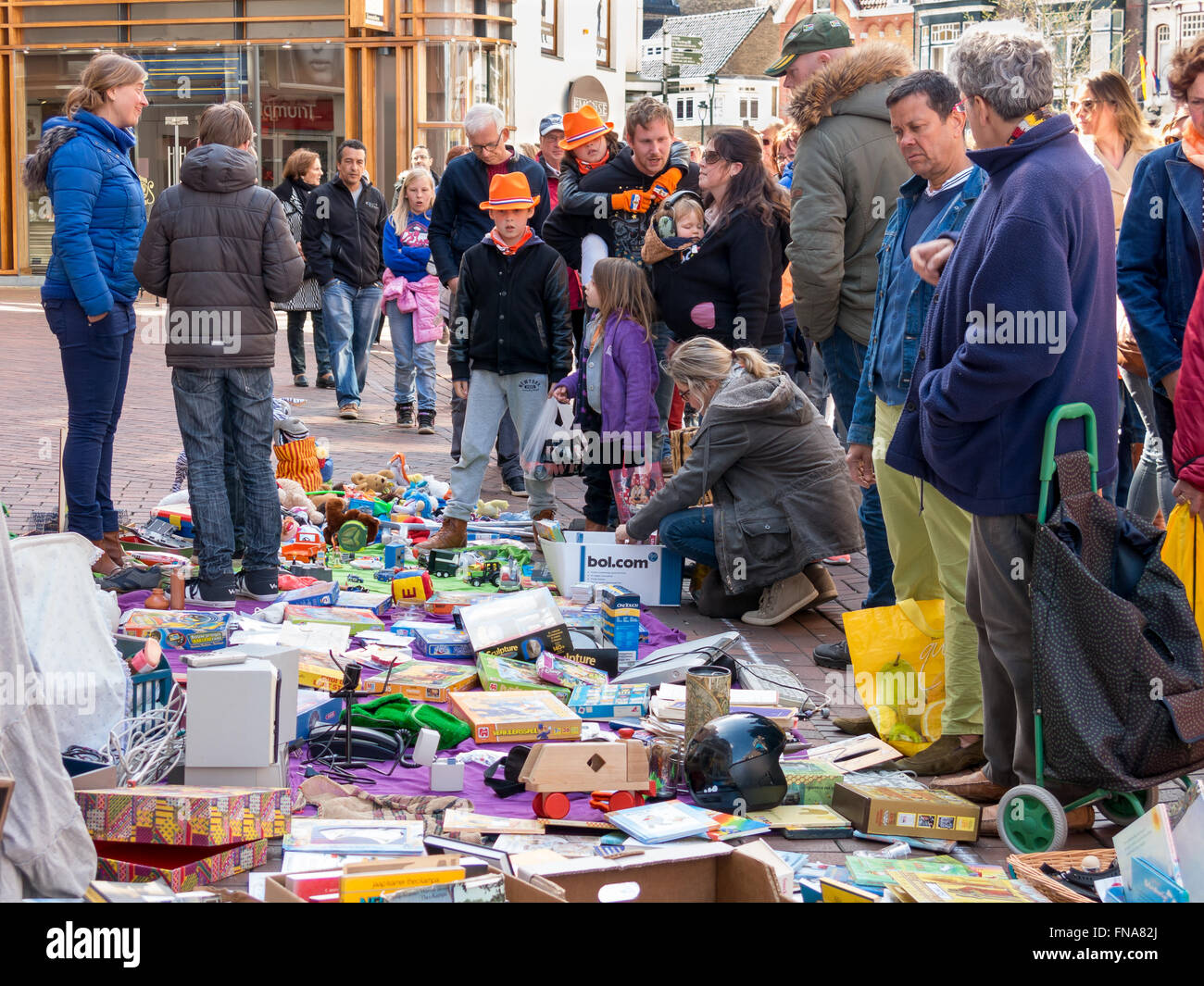 People selling their used goods on nationwide flea market on King's Day in the Netherlands Stock Photo