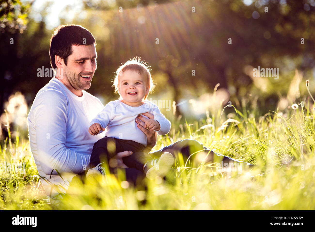 Father holding his little son, sitting on the grass Stock Photo - Alamy