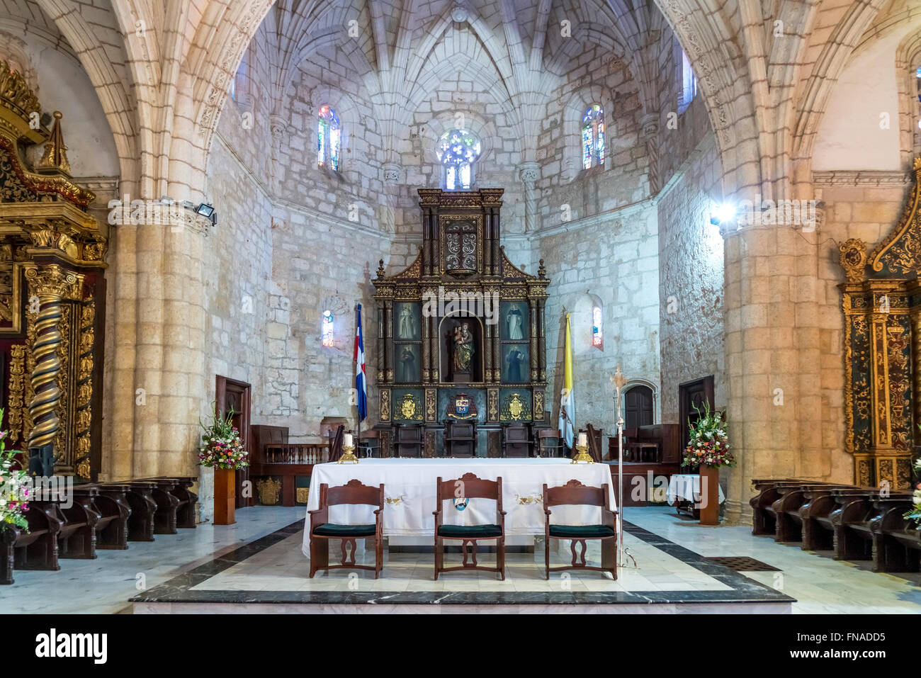 altar  of the cathedral Basilica Menor de la Virgen de La Anunciación / Catedral Primada de America, capital Santo Domingo,  Dom Stock Photo