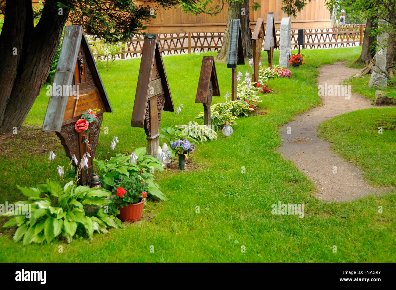 Wooden grave stones  behind Wang temple in Karpacz, Poland Stock Photo