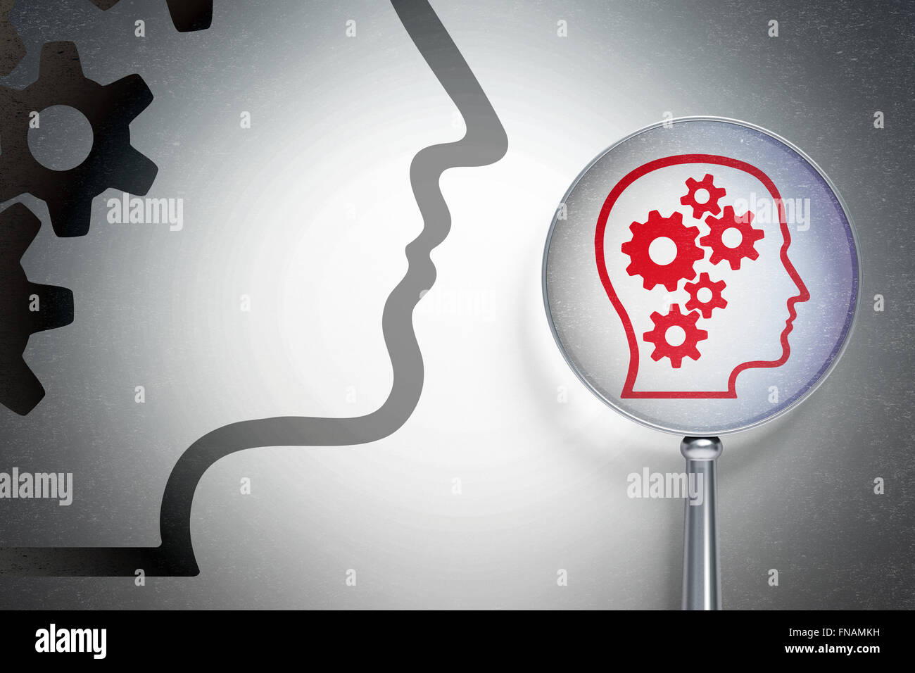 Information concept: Head With Gears with optical glass on digital ...
