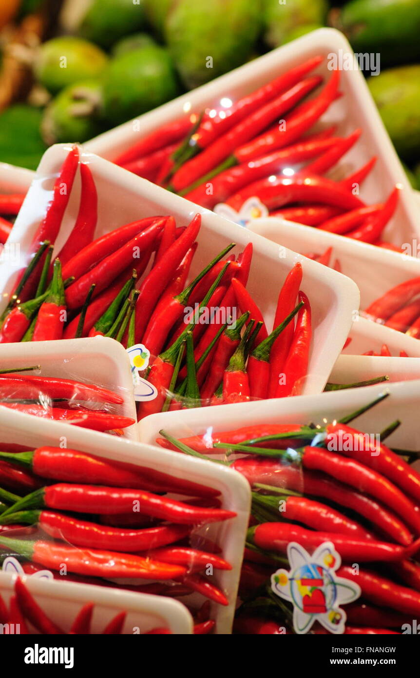 Chilli peppers. La Boquería market, Barcelona. Catalonia, Spain Stock Photo