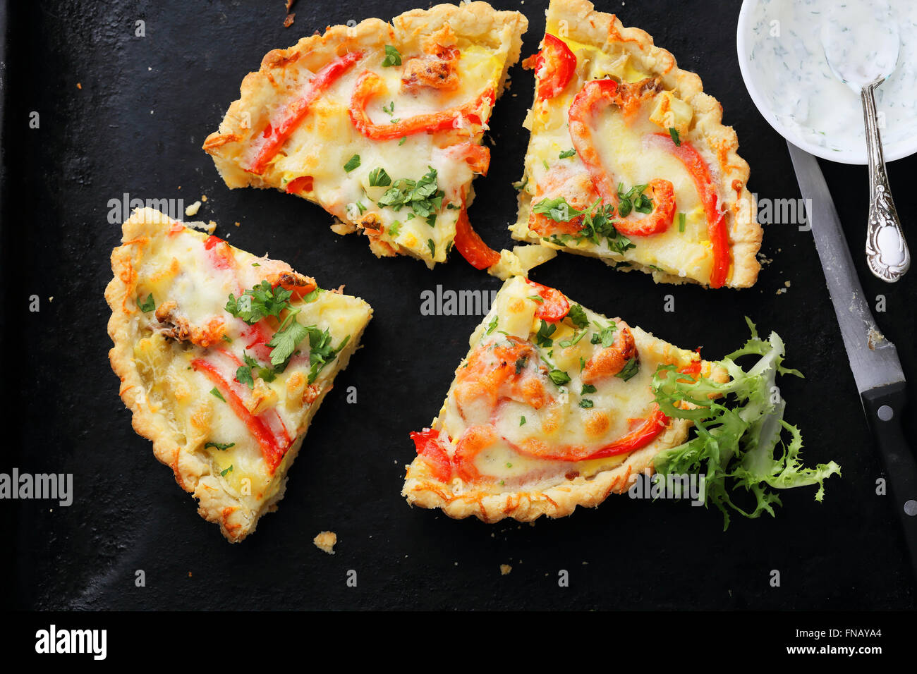 quiche with slice salmon and paprika, food Stock Photo
