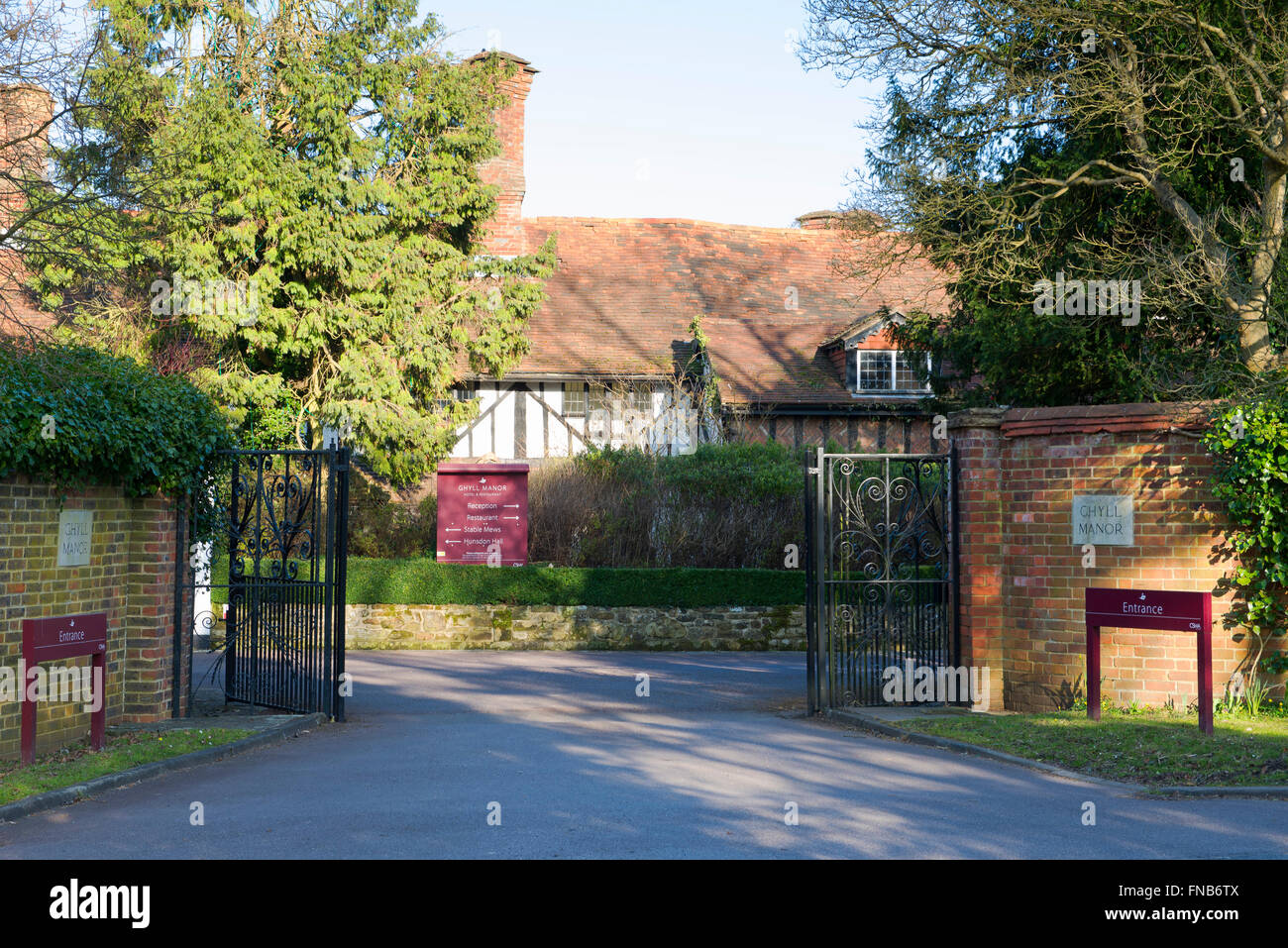 The entrance to Ghyll Manor Hotel and restaurant in the village of Rusper, West Sussex, UK Stock Photo