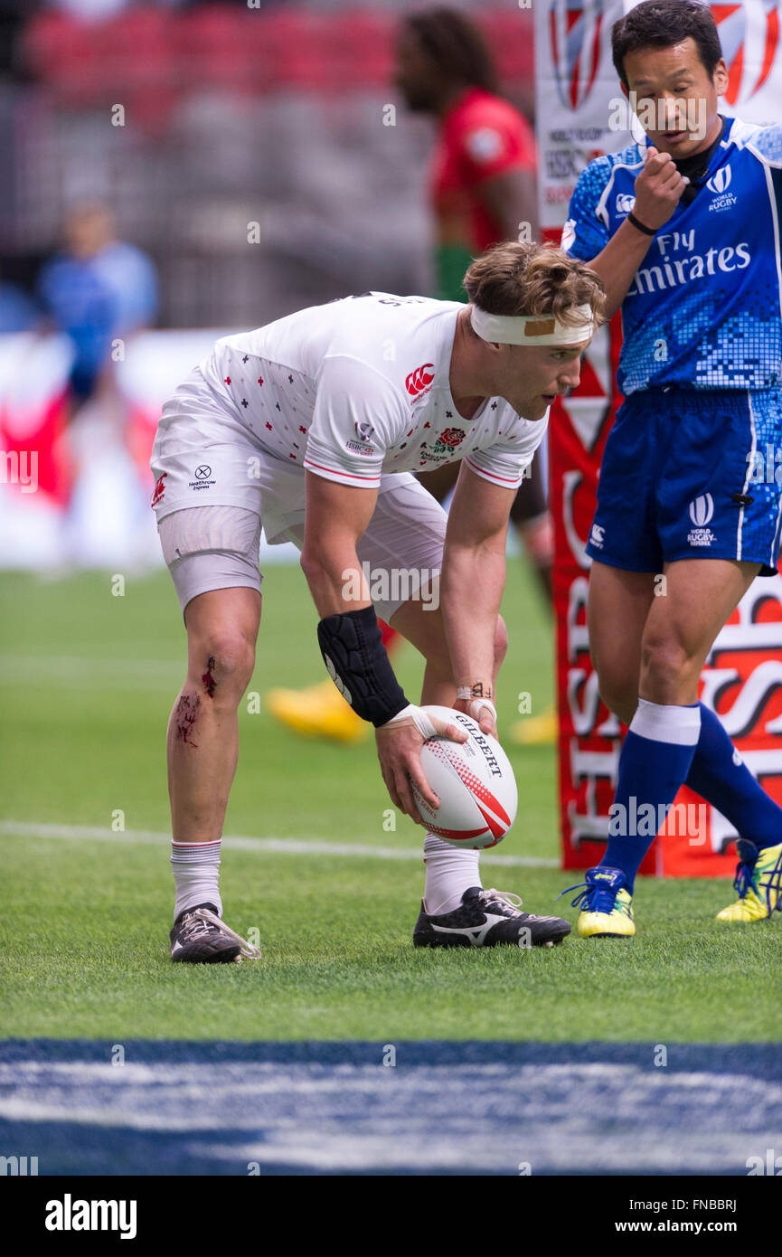 Vancouver Canada. 13th March, 2016. Phil Burgess about to touch for the try, England vs Portugal, during the HSBC World Rugby Sevens Series Cup, quarter finals, held in BC Place Stadium, Vancouver B.C Canada -  England wins 31-0 - Credit:  Gerry Rousseau/Alamy Live News Stock Photo