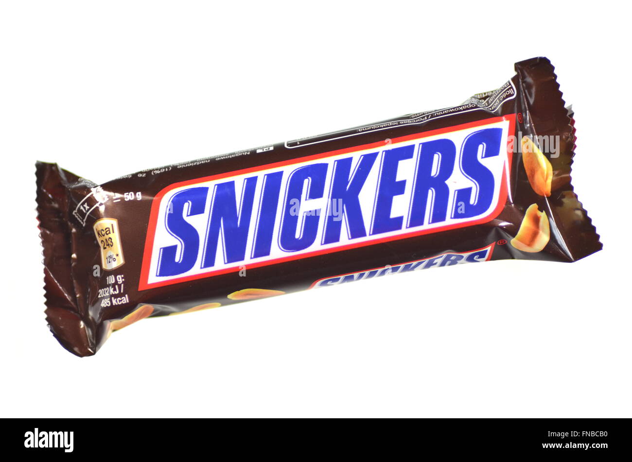 Snickers chocolate bar isolated on white background. Stock Photo